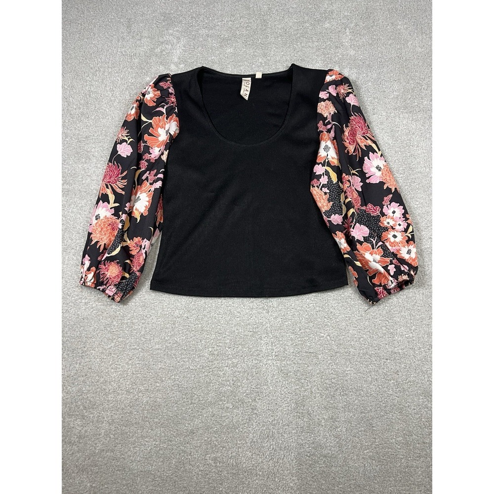 Dolan‎ Athropologie Puff Floral Sleeve Ribbed Top Black Pink Multicolor Medium